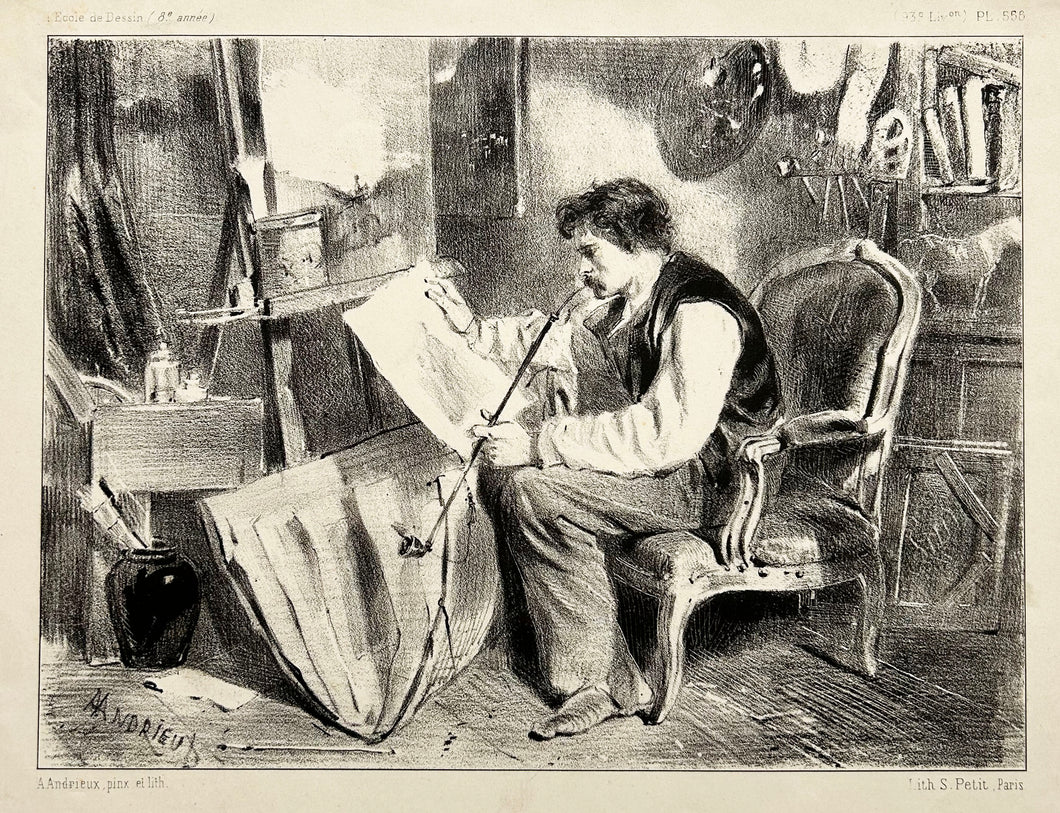 ANDRIEUX Clément-Auguste L'amateur (Autoportrait à la pipe). Lithographie. 