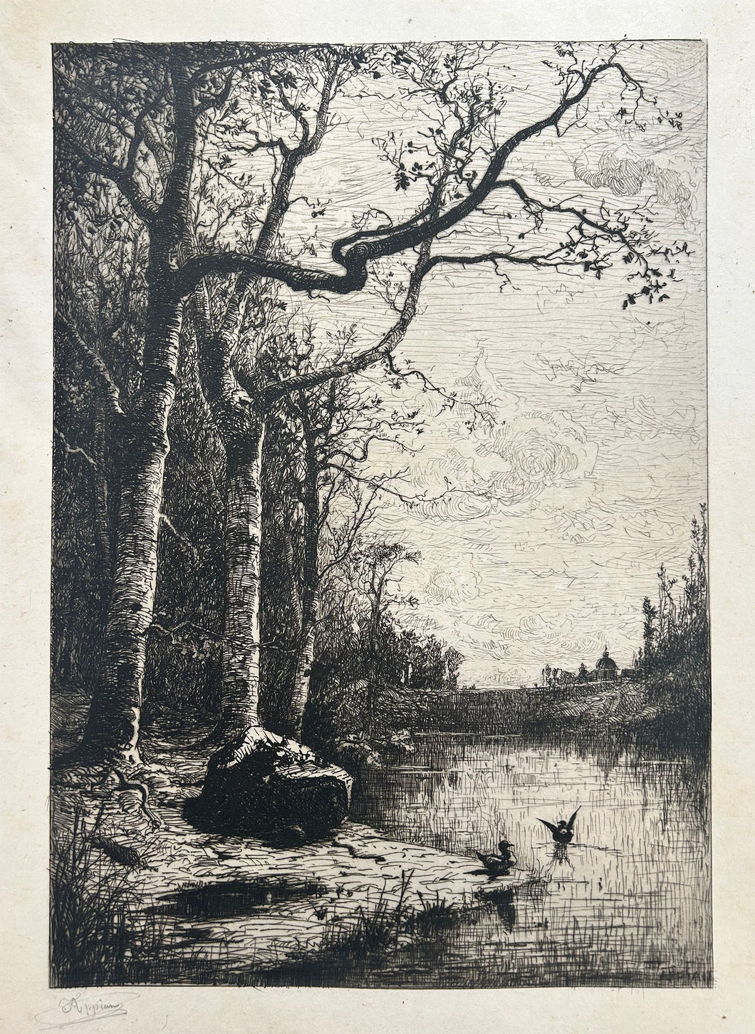 Adolphe APPIAN Marais de la Burbanche (Grande planche).  c.1876-1877. Eau-forte originale, signée par l'artiste. 
