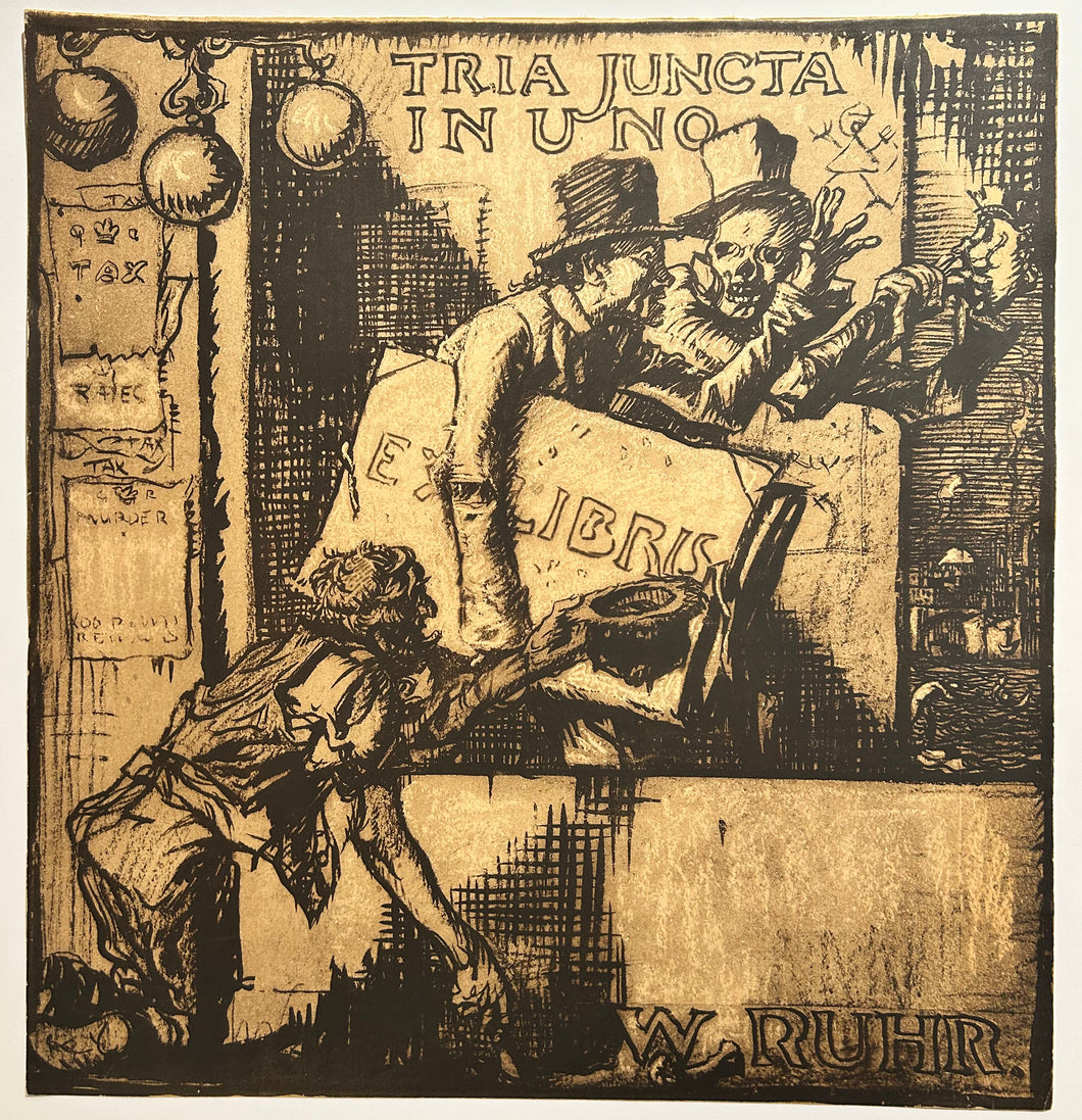 Franck BRANGWYN Ex Libris, Tria Juncta in uno. Gravure originale. 