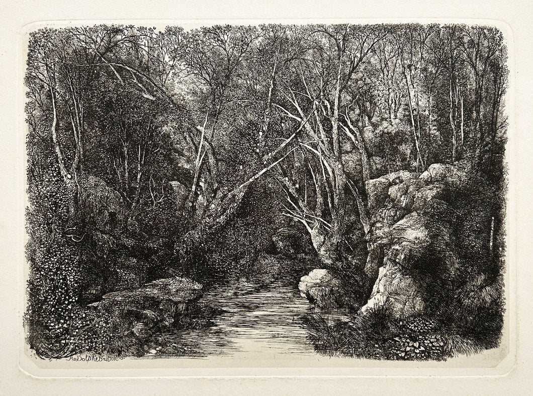 Rodolphe BRESDIN Le ruisseau sous bois.  1880. Gravure originale. 