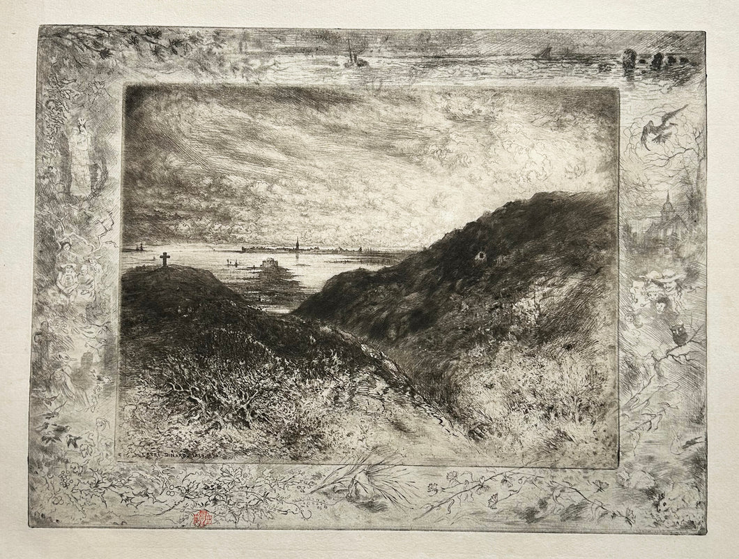 Félix BUHOT La Falaise, baie de Saint-Malo : L'Abri Dinard 1889-1890. Gravure originale. 