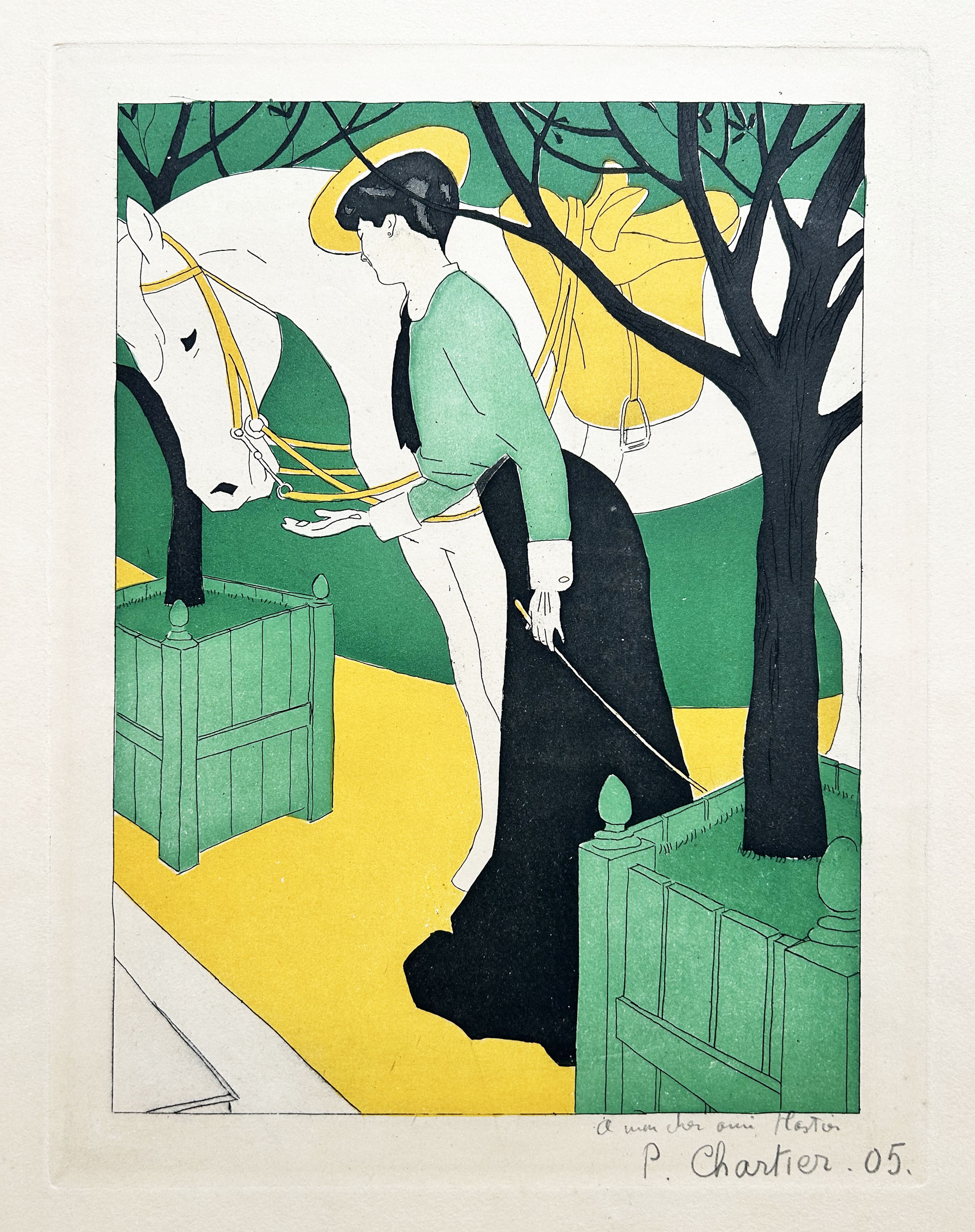 P. CHARTIER [Cavalière récompensant son cheval].  1905. Gravure originale en couleurs, signée par l'artiste. 