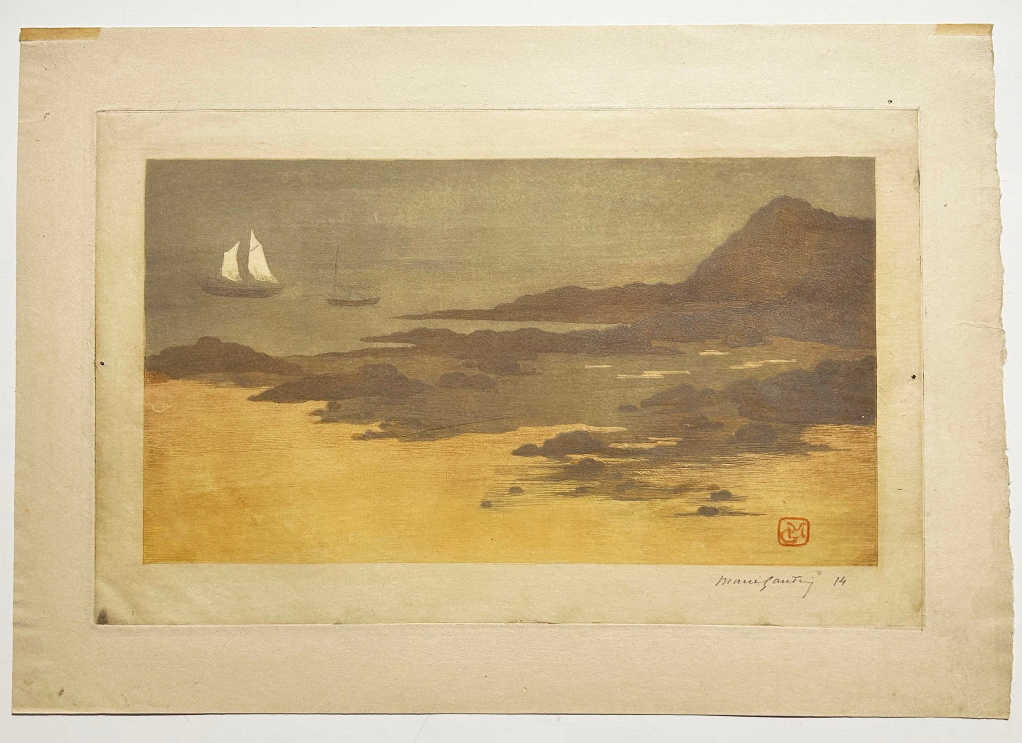 Marie GAUTIER [Paysage à Pleneuf-Val André].  1914. Aquatinte originale en couleurs, signée par l'artiste. 