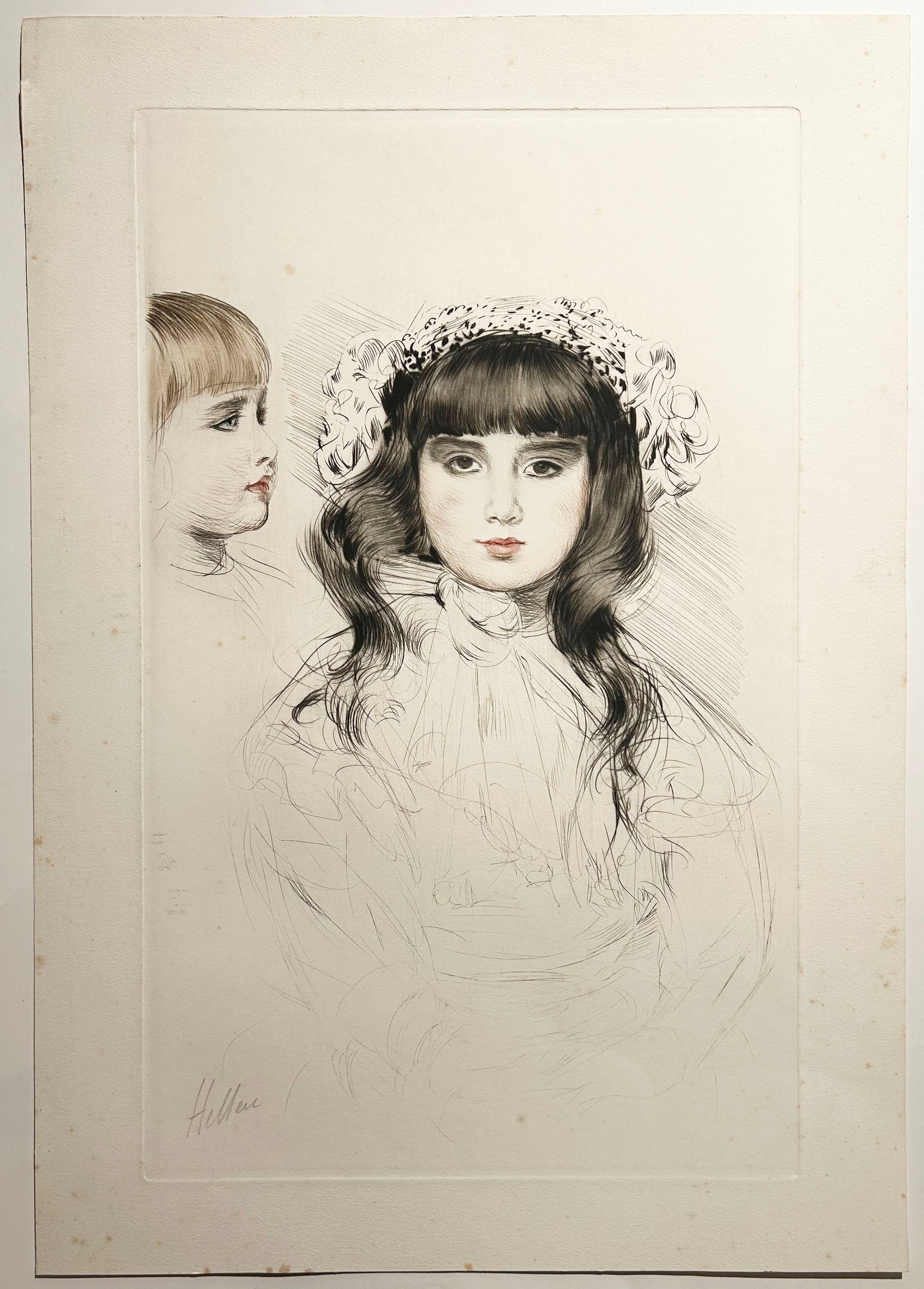 HELLEU [Deux têtes d'enfant]. Pointe sèche originale, signée par l'artiste. 