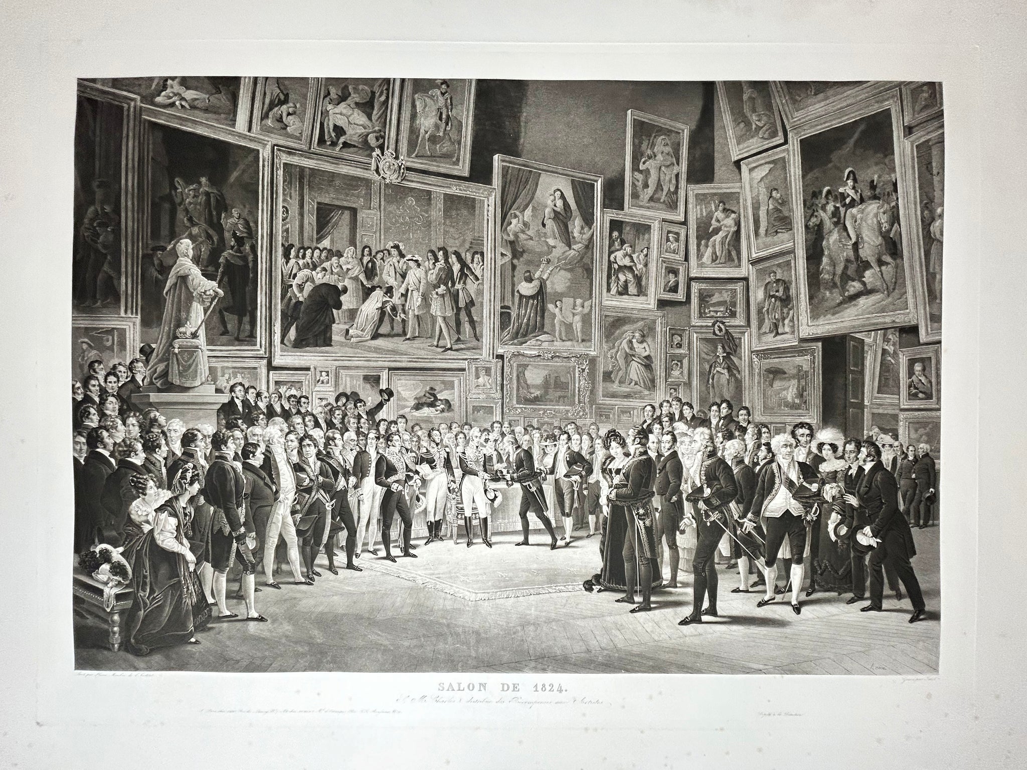 JAZET Salon de 1824. S.M. Charles X distribue des Récompenses aux Artistes.  1830. Grande et rare aquatinte d'après Heim. 