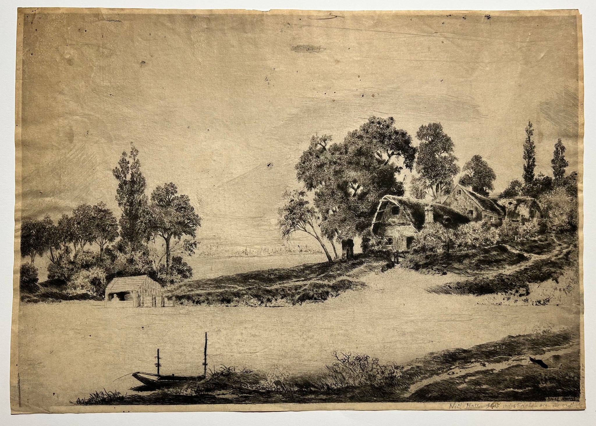 [Paysage; chaumières près d'une rivière].