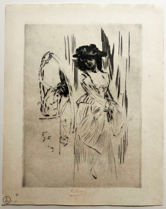 Félicein ROPS Le miroir de coquetterie. Gravure originale signée par l'artiste. 