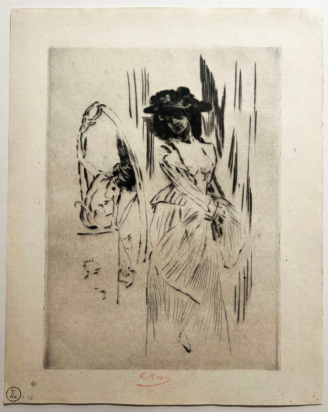 Félicein ROPS Le miroir de coquetterie. Gravure originale signée par l'artiste. 