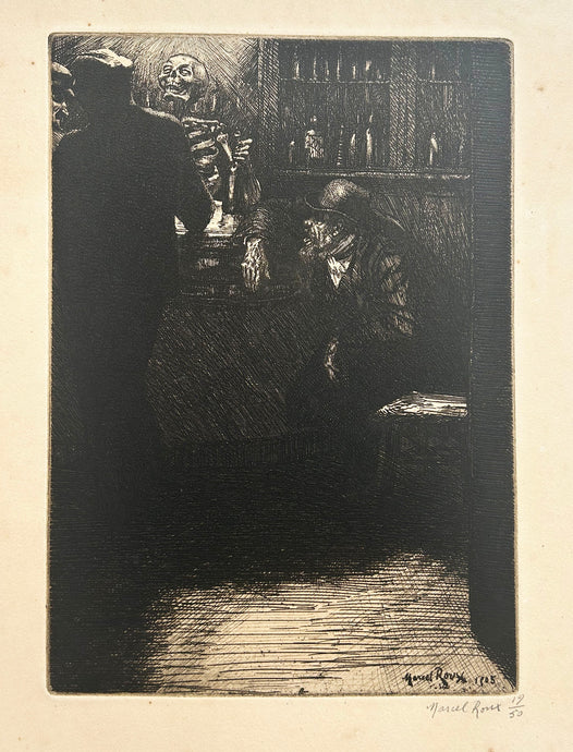 Marcel ROUX Le cabaret. Gravure originale signée. 
