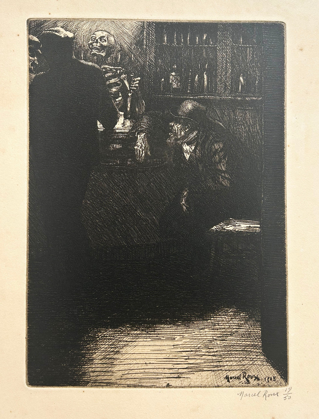 Marcel ROUX Le cabaret. Gravure originale signée. 