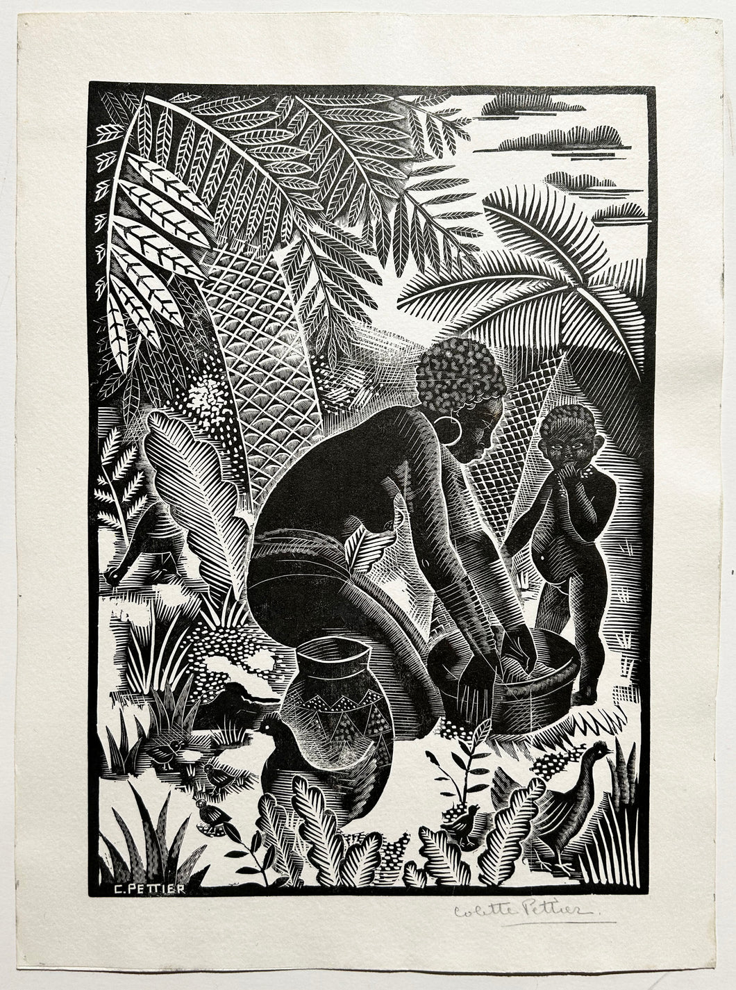 PETTIER Colette Mère et son enfant. Gravure sur bois, signée par l'artiste. 