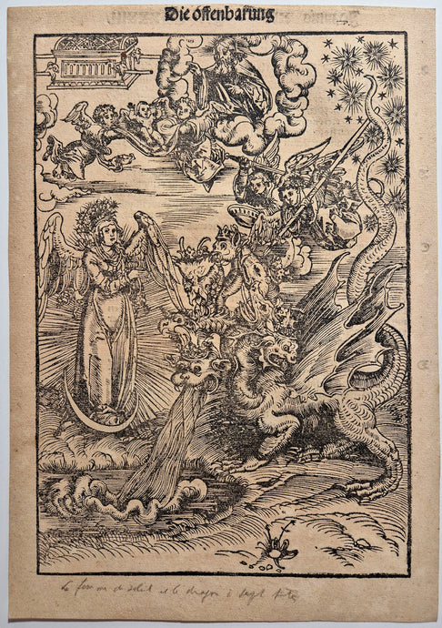 CRANACH Lucas le vieux L'Apocalypse: La femme revêtue du soleil et le dragon. Bois gravé.