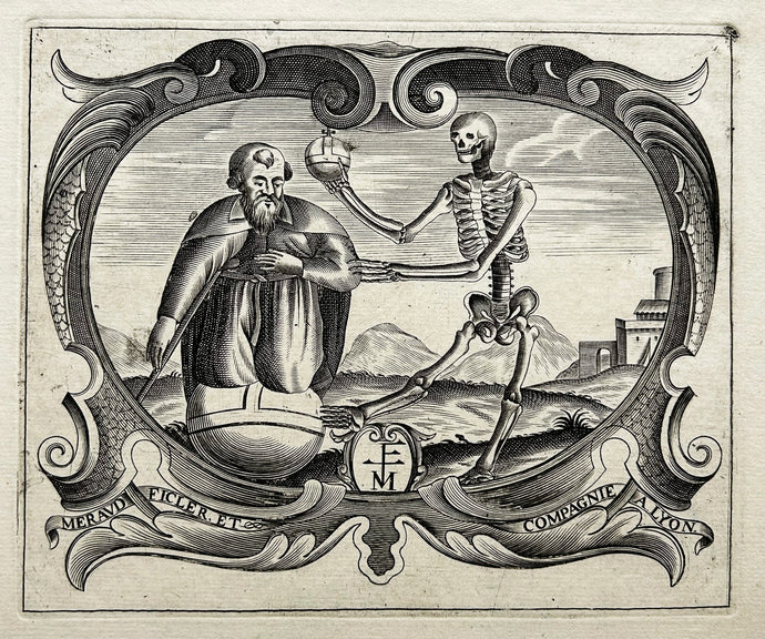 Carte-adresse de Meraud Ficler, marchands de fer, rue Raisin à Lyon. [Allégorie de la mort]. Gravure au burin. 