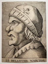 Charger l&#39;image dans la galerie, Le belissime Narcisse (Visage grotesque). Gravé par un anonyme français du 17ème.
