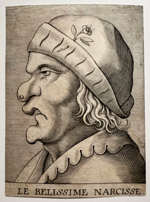 Le belissime Narcisse (Visage grotesque). Gravé par un anonyme français du 17ème.