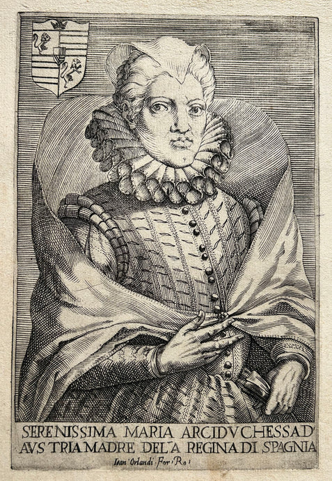 Serenissima Maria Arciduchessa D’Austria Madre del’a Regina di Spagna. Portrait de Marie Madeleine d’Autriche (1589 † 1631), épouse de Cosimo II de Médicis. v. 1609-1610. Caricature italienne du 17ème. 