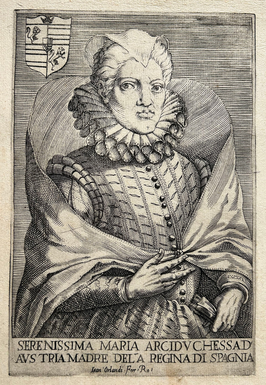 Serenissima Maria Arciduchessa D’Austria Madre del’a Regina di Spagna. Portrait de Marie Madeleine d’Autriche (1589 † 1631), épouse de Cosimo II de Médicis. v. 1609-1610. Caricature italienne du 17ème. 