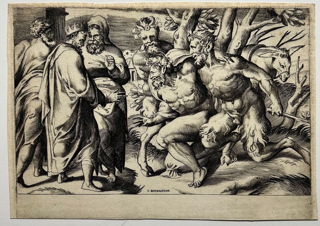Giulio BONASONE Deux satyres accompagnant Silène au roi Midas.  c.1547. Burin. 