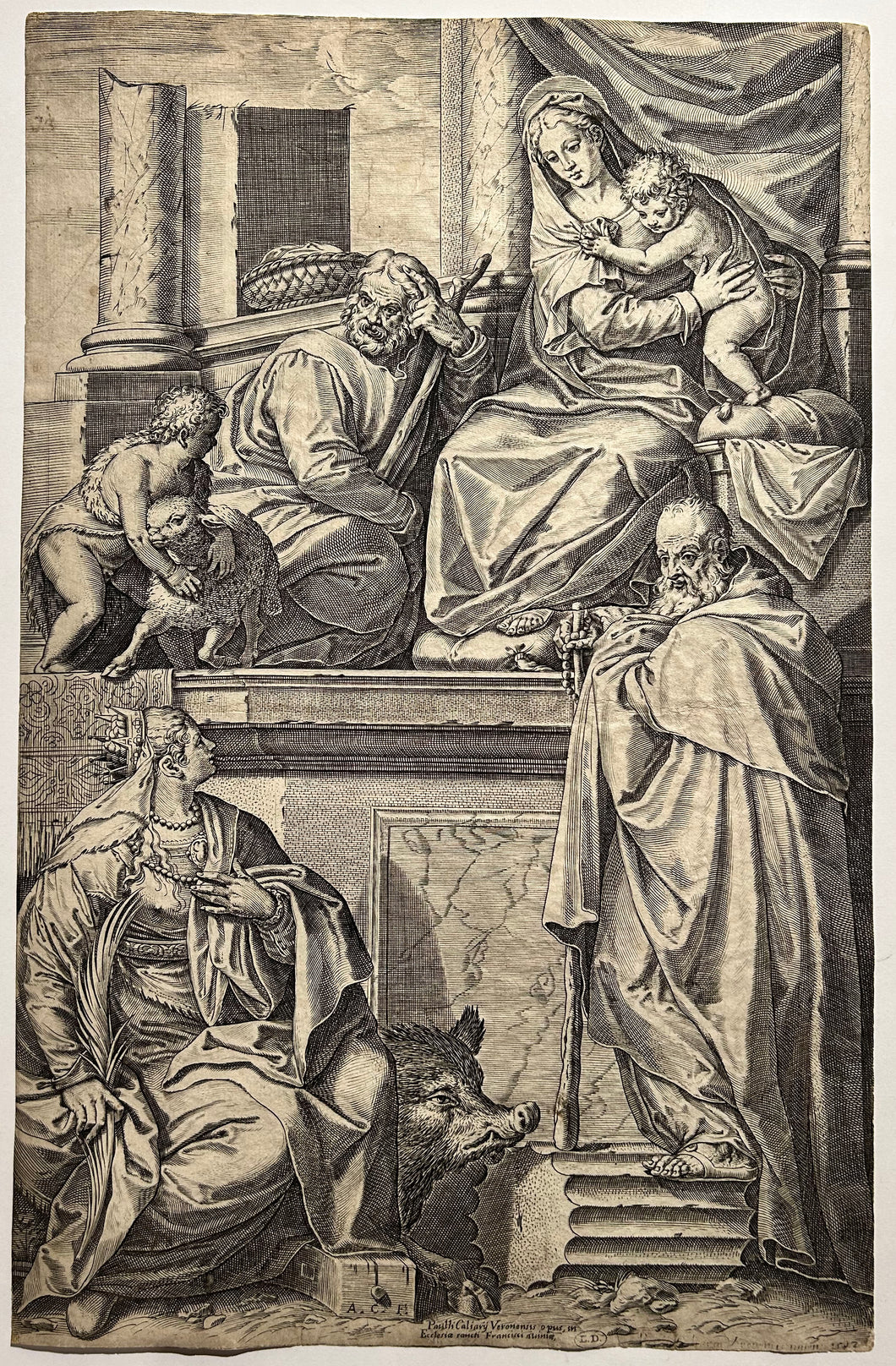 Agostino CARRACCI La Sainte Famille avec Saint Jean-Baptiste, Sainte Catherine et Saint Antoine.  1582. Burin d'après Véronèse.