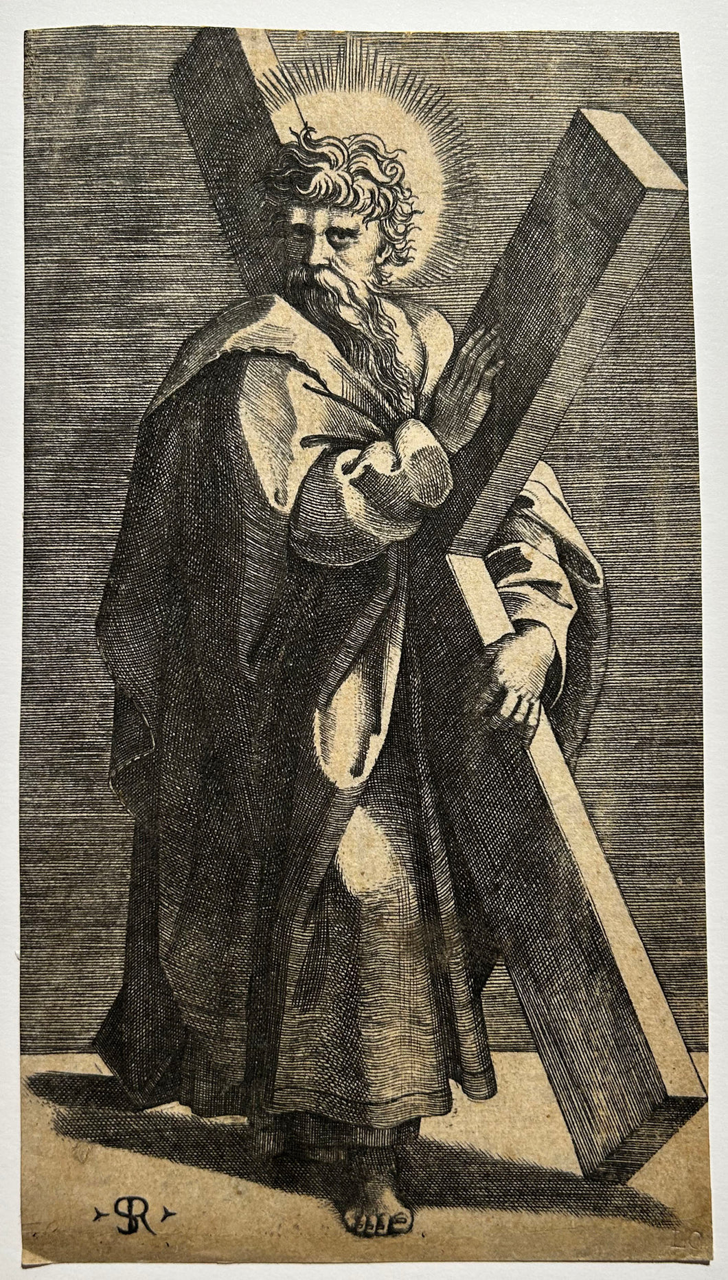 Marco DENTE Saint André portant la croix.  1517-1527. Burin en contre-partie d'après la planche gravée par Marcantonio Raimondi 