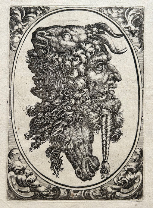 MAGLIOLI Giovanni Andrea (d'après) Tête grotesque. Têtes de bouc, cheval, satyre et homme. 1590-1660. Burin. 