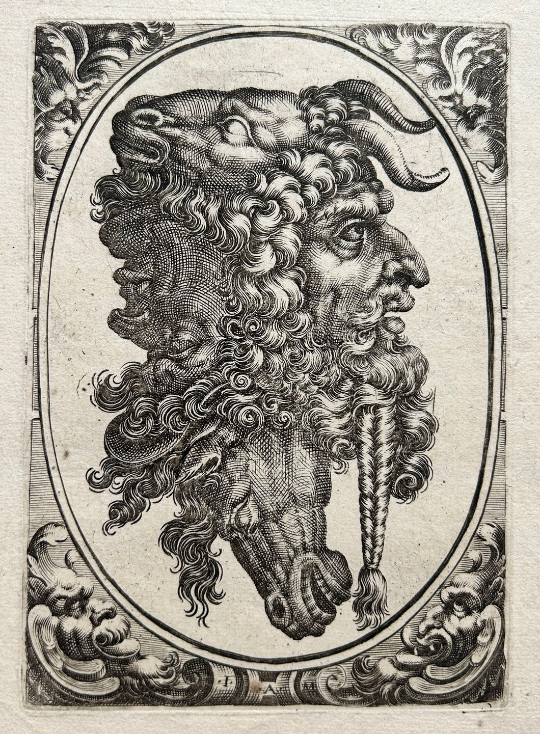 MAGLIOLI Giovanni Andrea (d'après) Tête grotesque. Têtes de bouc, cheval, satyre et homme. 1590-1660. Burin. 