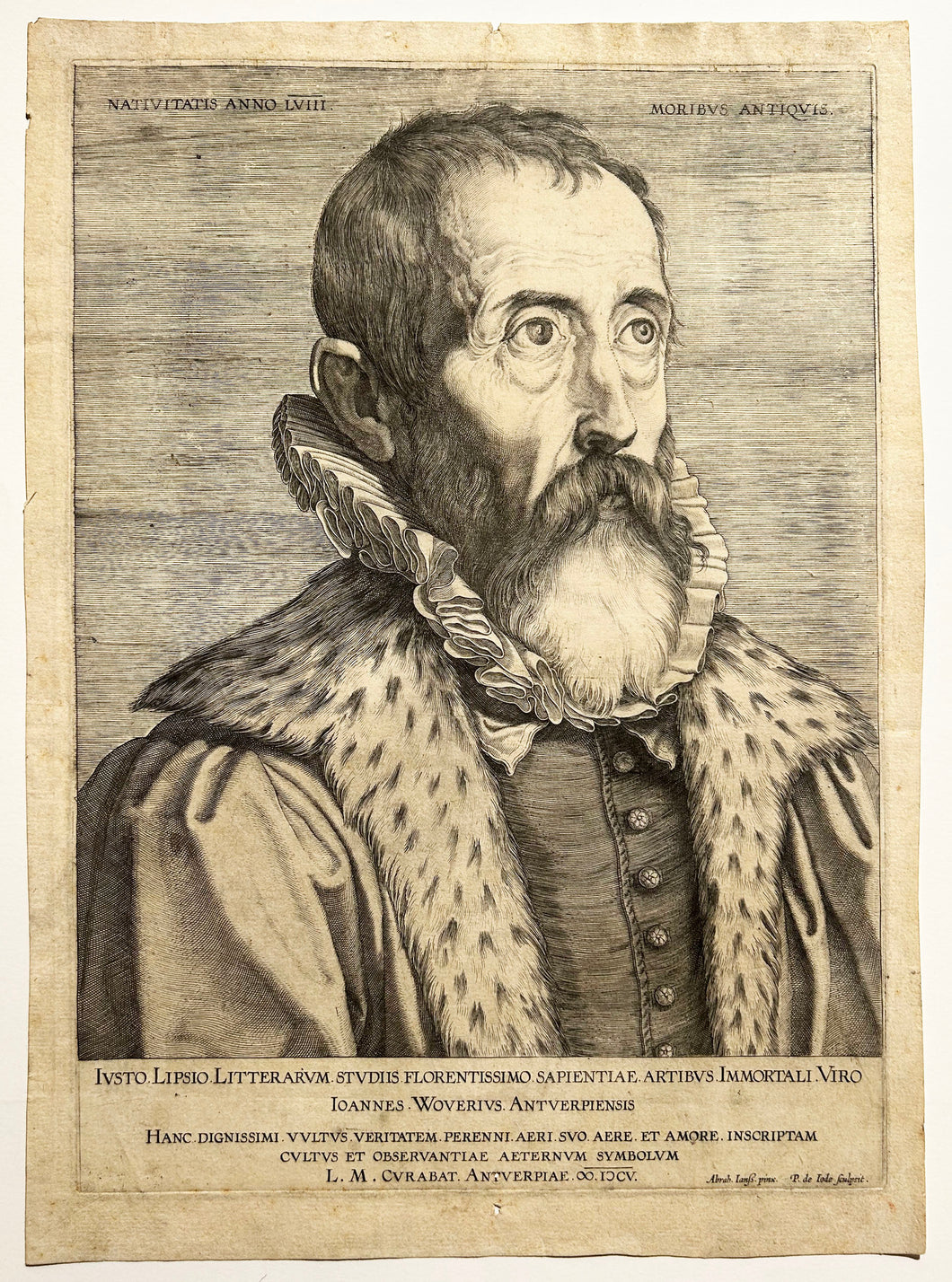 Peter de JODE I. Portrait de Justus Lipsius (Juste Lipse, 1547 † 1606), fondateur du néo-stoïcisme. Gravure.