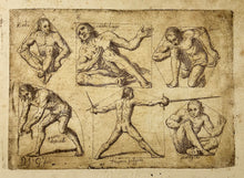 Charger l'image dans la galerie, José GARCIA HIDALGO - Six hommes nus, dans diverses attitudes, insérés dans des figures géométriques (Hombres, seis desnudos, en diversas actitudes, insertos en figuras geométricas).  1693. Eau-forte originale. 
