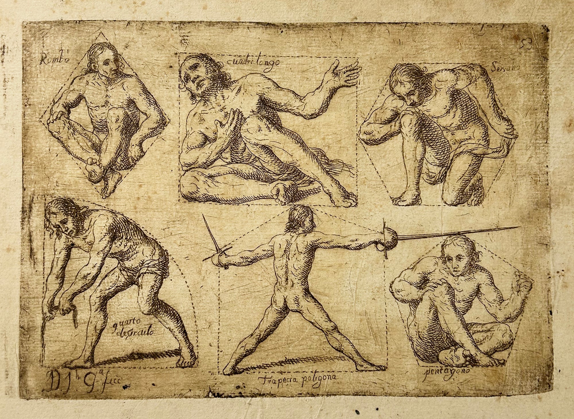 José GARCIA HIDALGO - Six hommes nus, dans diverses attitudes, insérés dans des figures géométriques (Hombres, seis desnudos, en diversas actitudes, insertos en figuras geométricas).  1693. Eau-forte originale. 