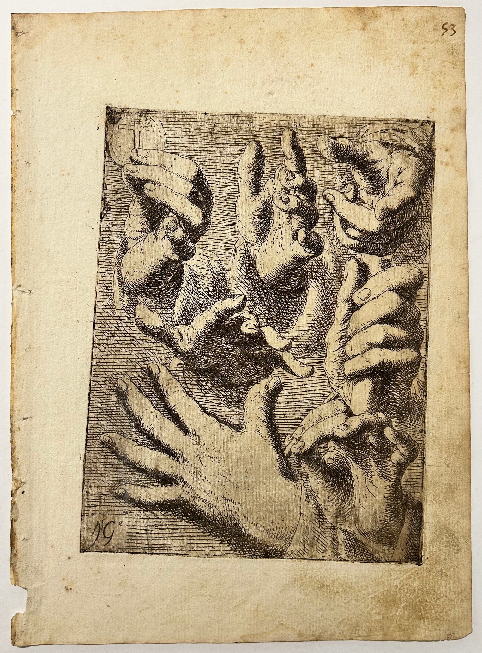 Mains. Sept (3,2,2) la première avec une médaille frappée d'une croix. (Manos. Siete (3,2,2), la primera eleva una sagrada forma).  1693.