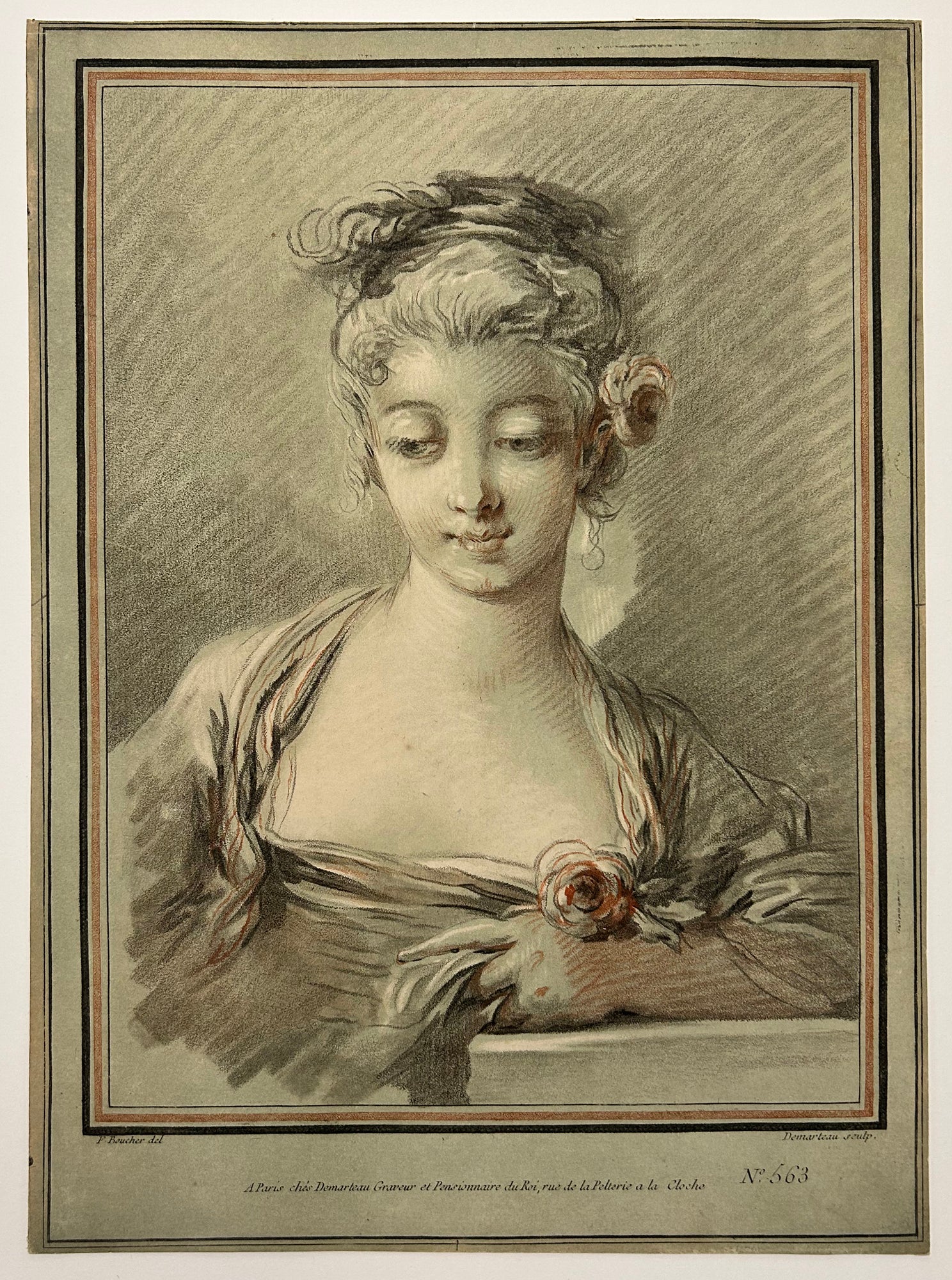 D'après François BOUCHER - Jeune femme avec une rose.  c.1776. Gravure à la manière du crayon par Gilles Demarteau l'aîné.