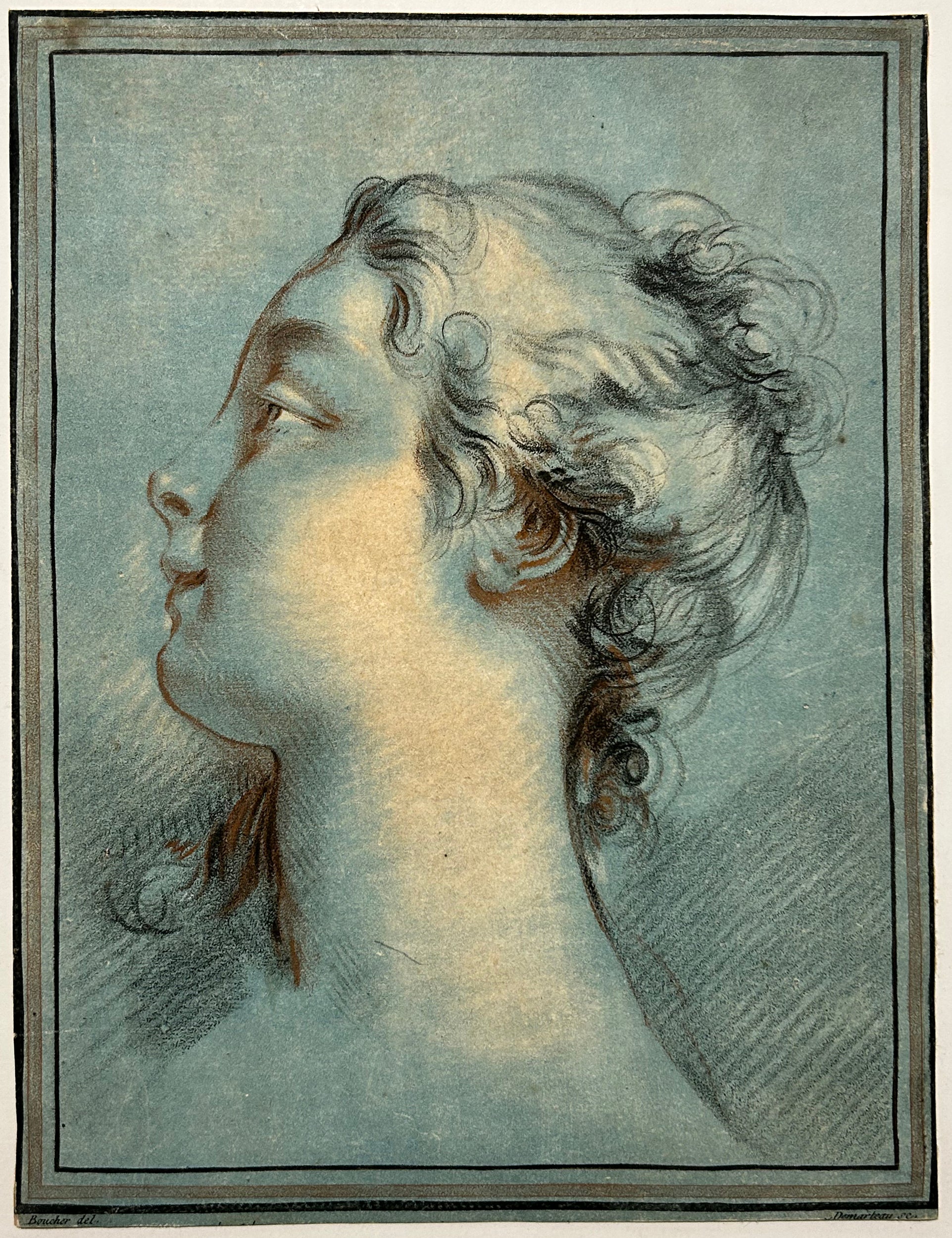 D'après François BOUCHER - Tête de jeune fille brune, de profil à gauche, levée, cheveux relevés. Gravure à la manière du crayon par Gilles Demarteau l'aîné.