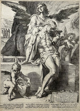Charger l'image dans la galerie, Heinrich GOLTZIUS - Le corps du Christ porté par les anges.  1587. Contre-épreuve de la gravure au burin exécutée par Henrich Goltzius, d'après Bartholomeus Spranger.
