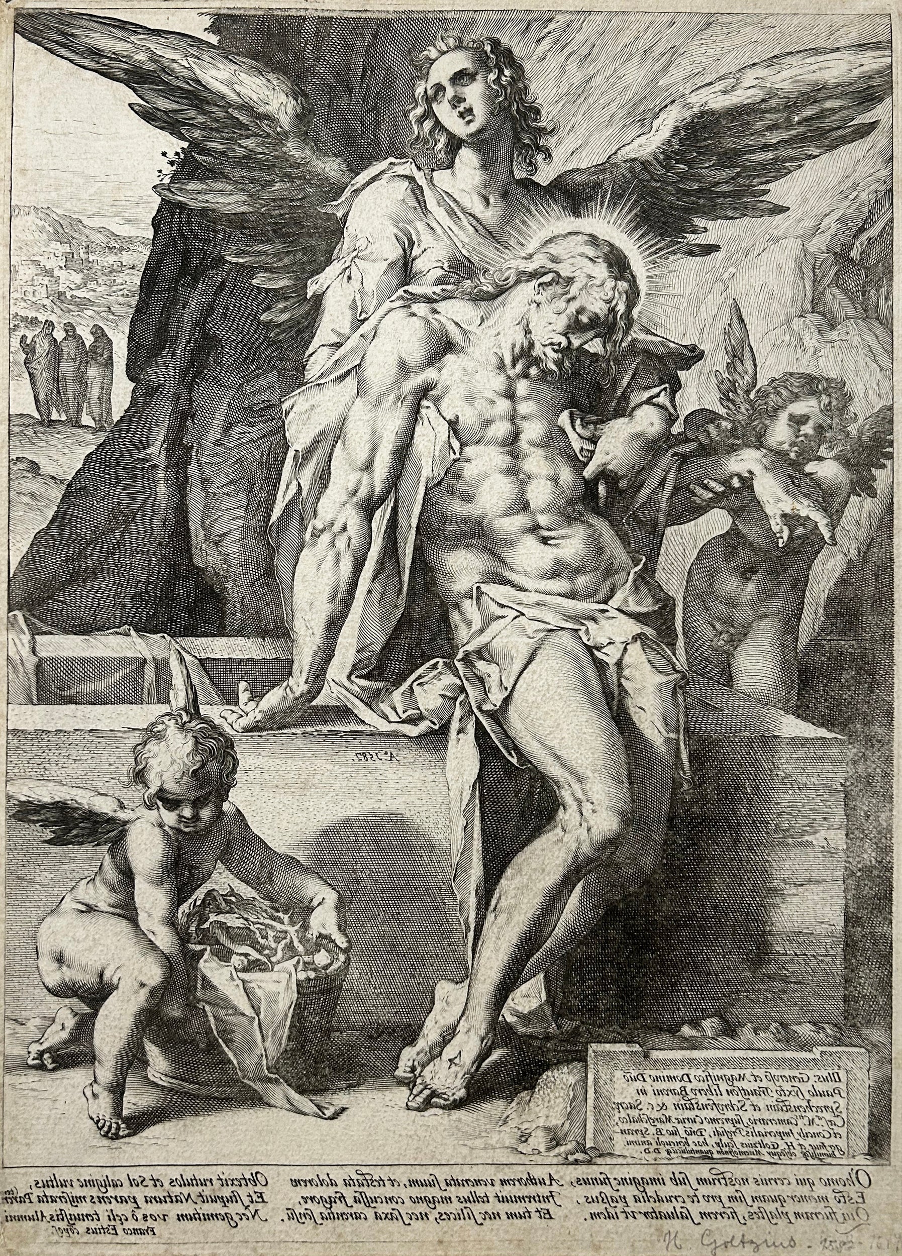 Heinrich GOLTZIUS - Le corps du Christ porté par les anges.  1587. Contre-épreuve de la gravure au burin exécutée par Henrich Goltzius, d'après Bartholomeus Spranger.