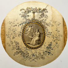 Charger l'image dans la galerie, Jean-Baptiste André GAUTIER D'AGOTY - Femme assise brodant et un ange.  c.1780. Gravure à l'eau-forte et au pointillé, en coloris ancien et rehauts. Belle et rare impression sur soie. 
