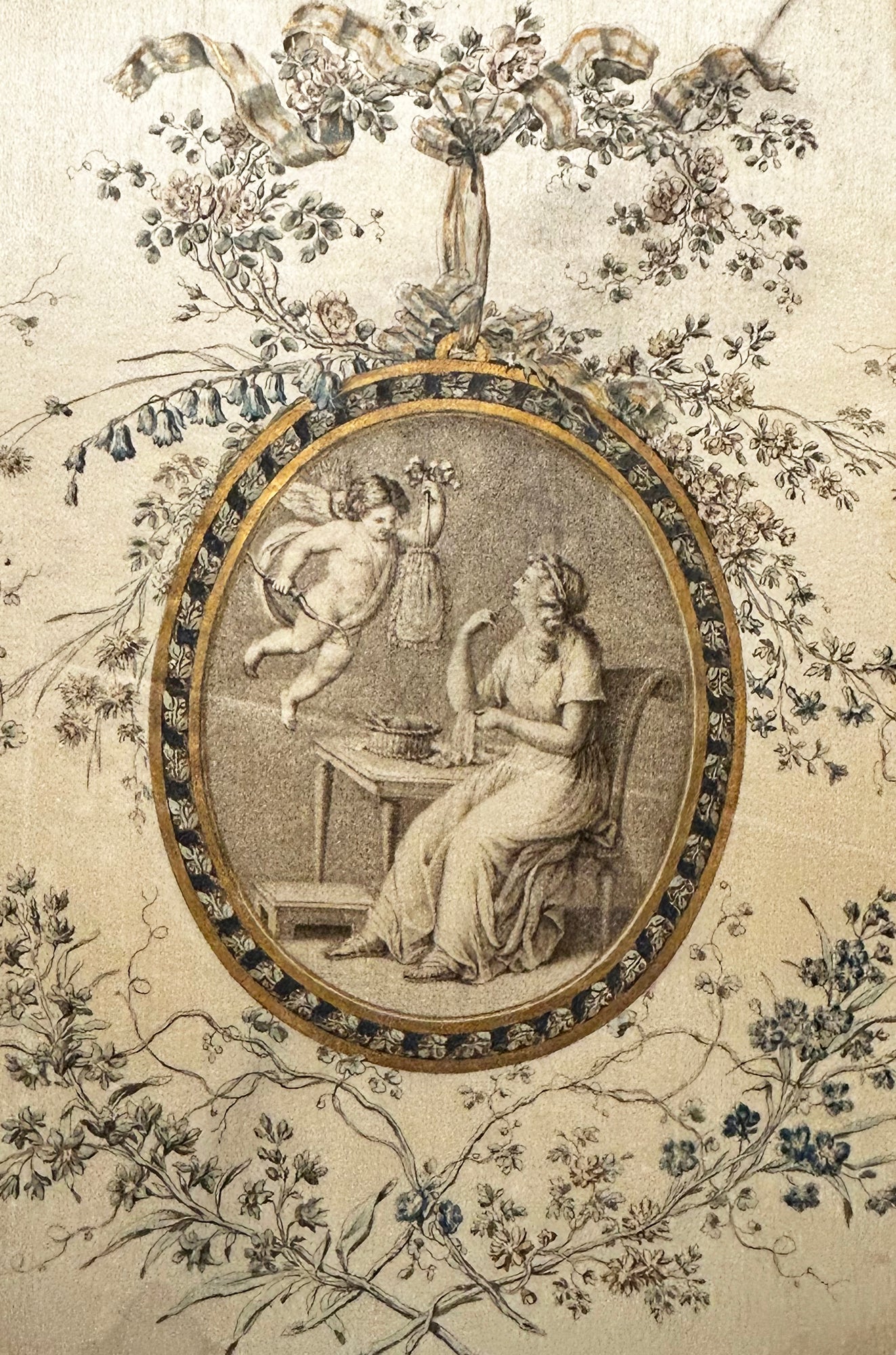 Femme assise brodant et un ange.  c.1780.