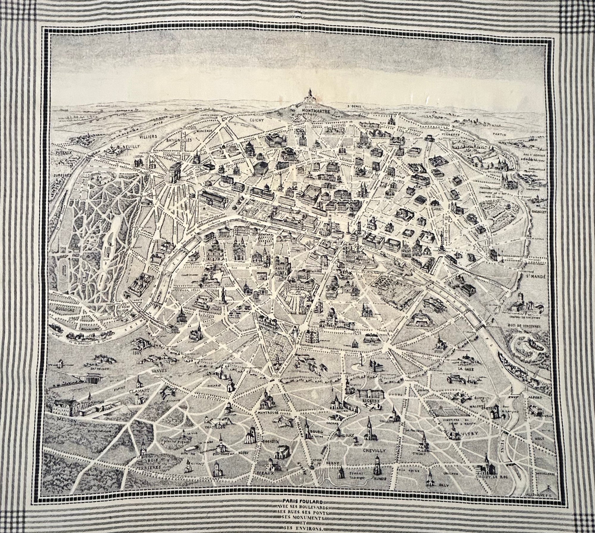 Paris foulard, avec ses boulevards, ses rues, ses ponts, ses monuments et ses environs.  Seconde moitié du XIXème siècle.