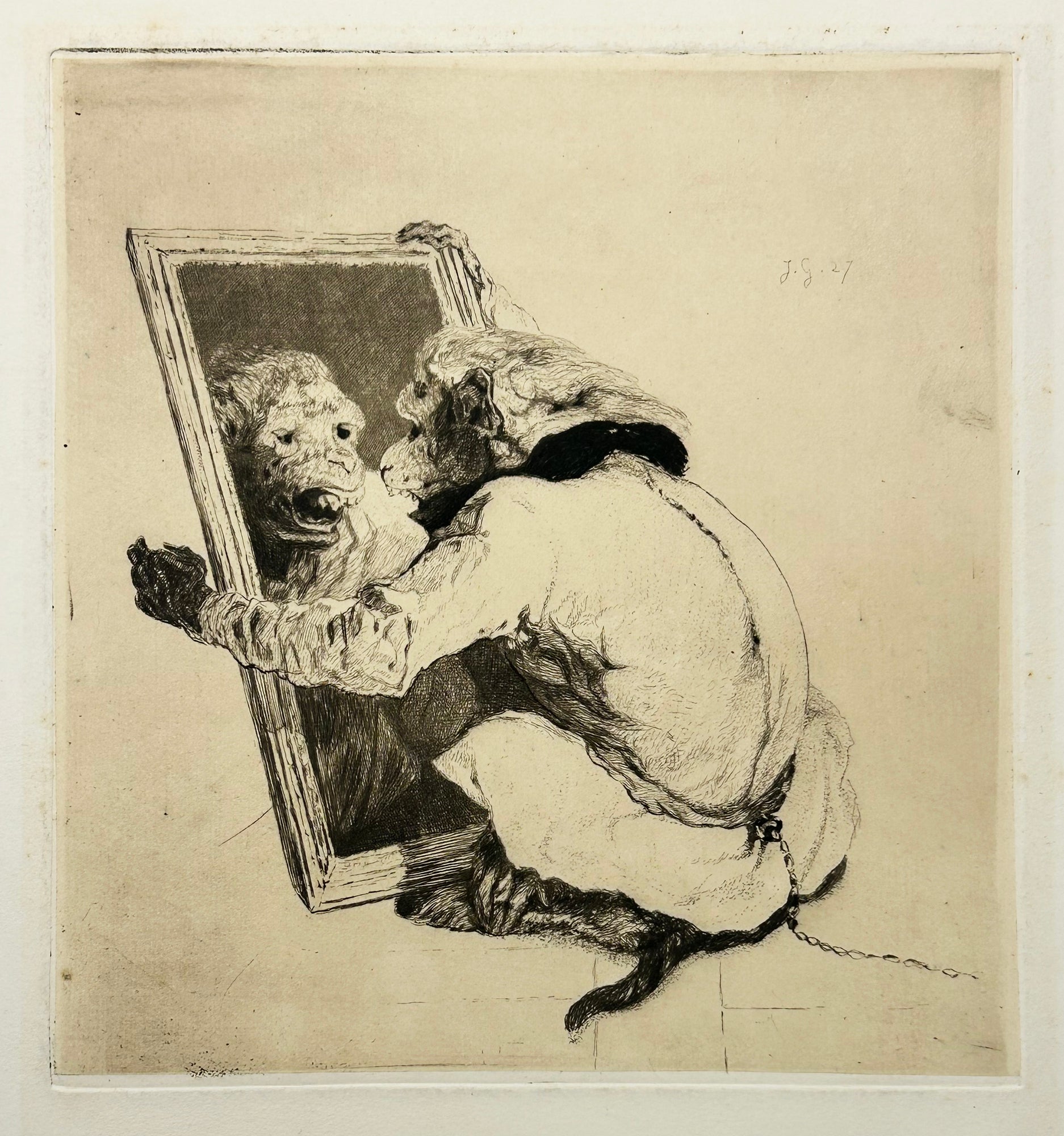 Jules de GONCOURT - Le singe au miroir. 1860. Gravure à l'eau-forte et à la pointe sèche d'après Alexandre Gabriel Decamps.