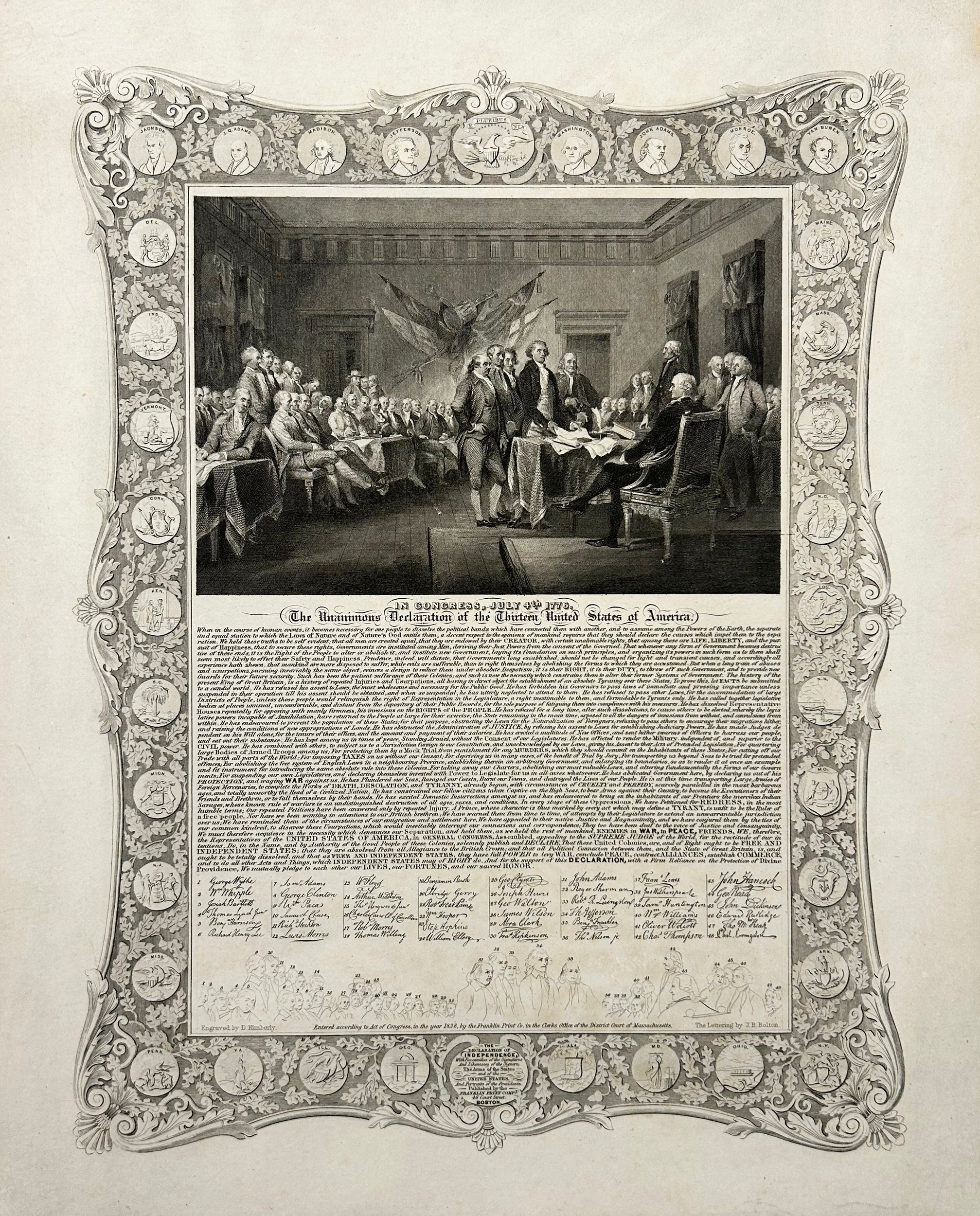 Denison KIMBERLY - Déclaration de l'Indépendance des Etats-Unis. 