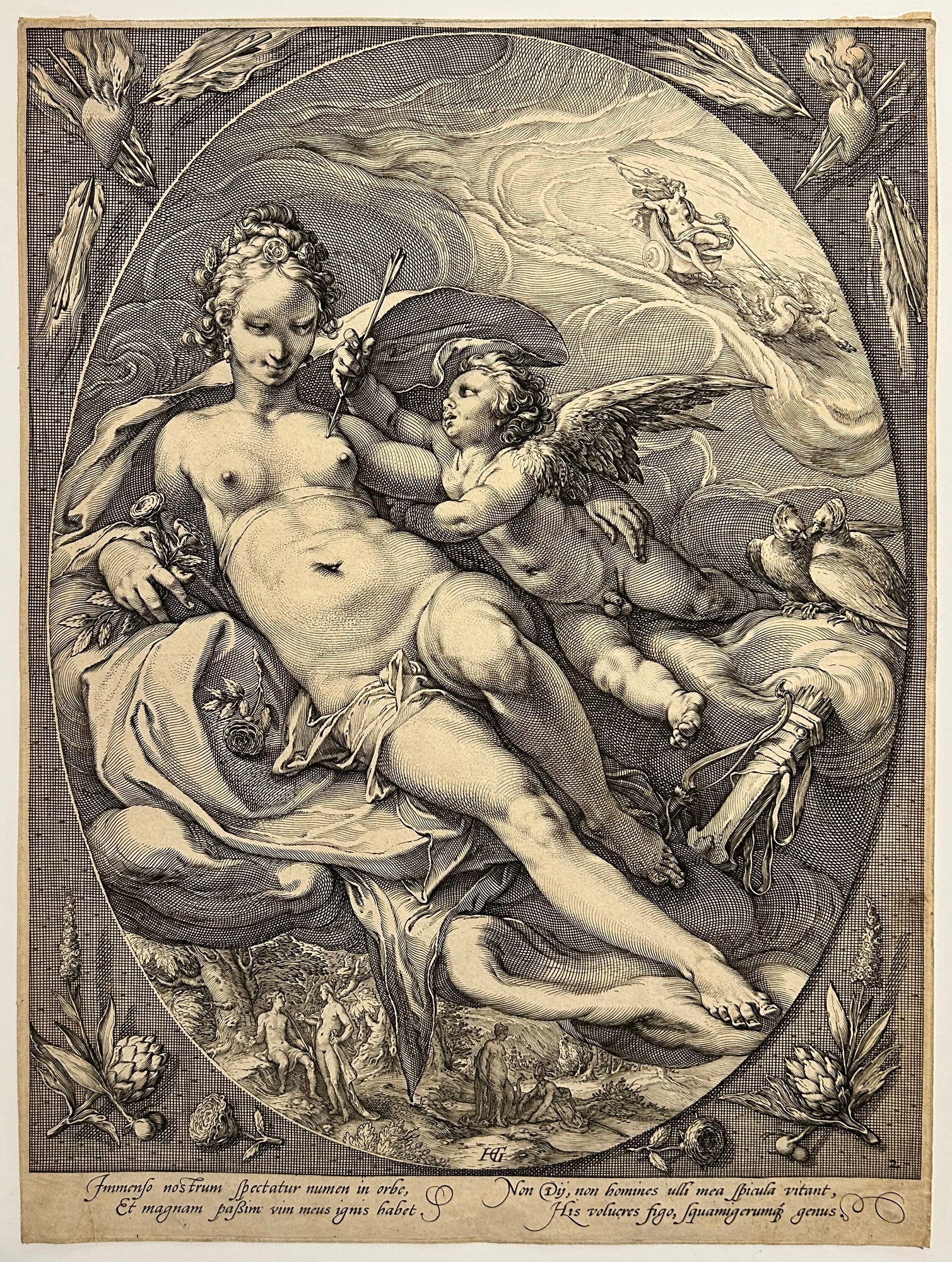 Heinrich GOLTZIUS - Vénus et Cupidon.  1596. Burin anciennement attribué à Jan Saenredam.