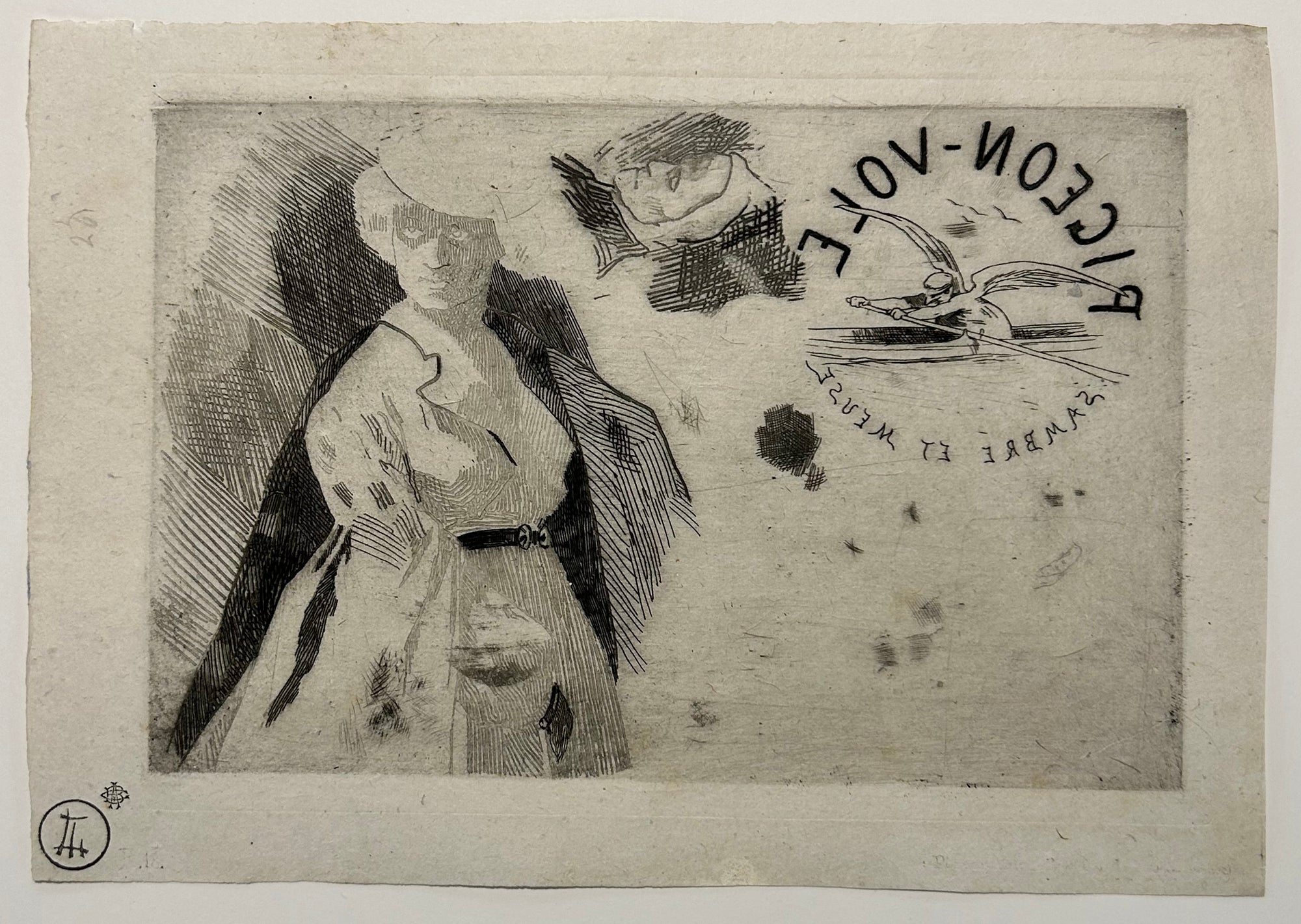 Félicien ROPS - Pigeon-vole et la femme en toilette de ville. Gravure originale à l'eau-forte et vernis mou