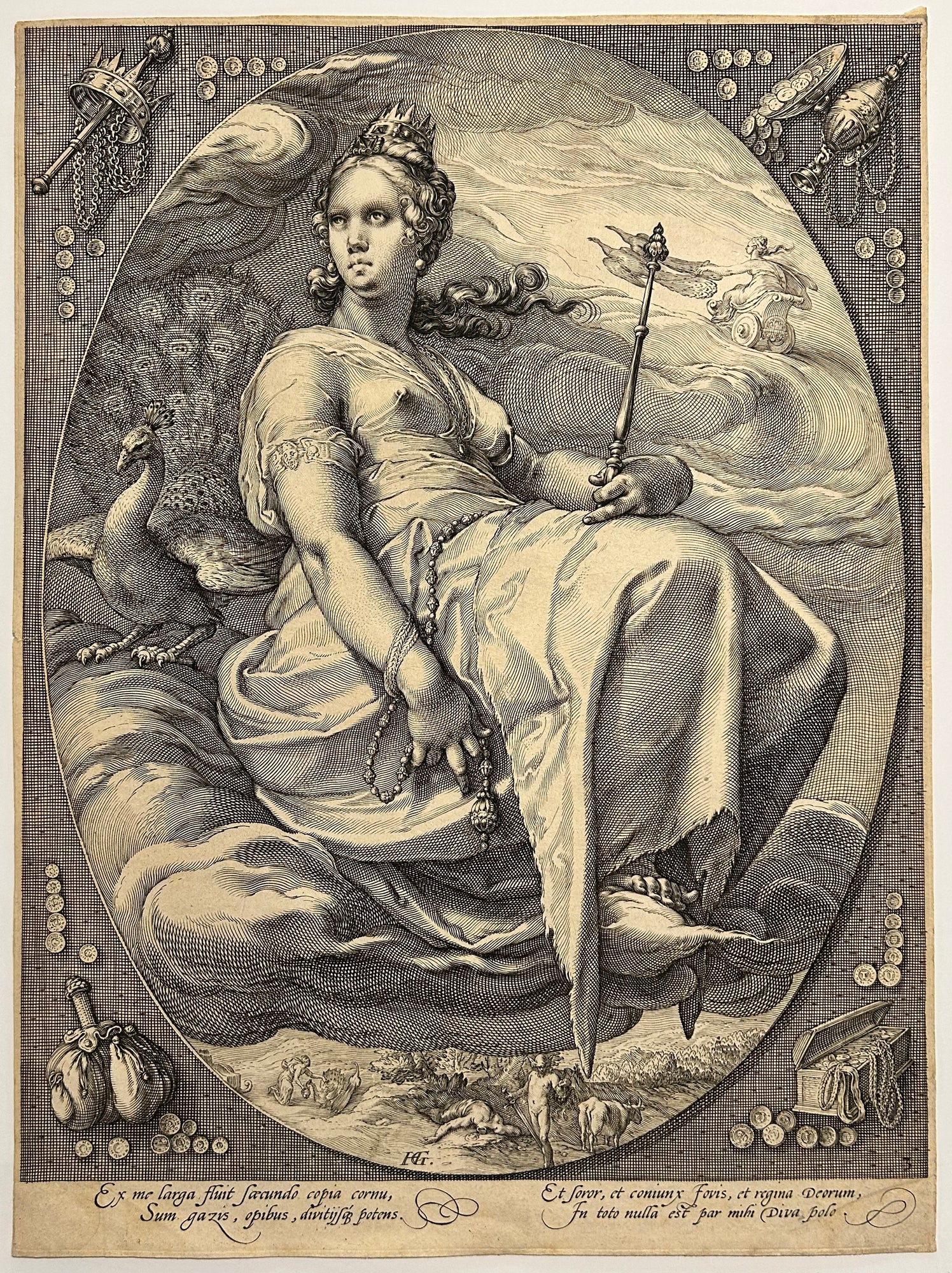 Heinrich GOLTZIUS - Junon, couronnée et tenant un sceptre, accompagnée d'un paon. 1596. Burin anciennement attribué à Jan Saenredam.
