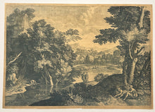 Charger l'image dans la galerie, Paysage; une rivière coule entre des rives verdoyantes et arborées.  1733-1742.
