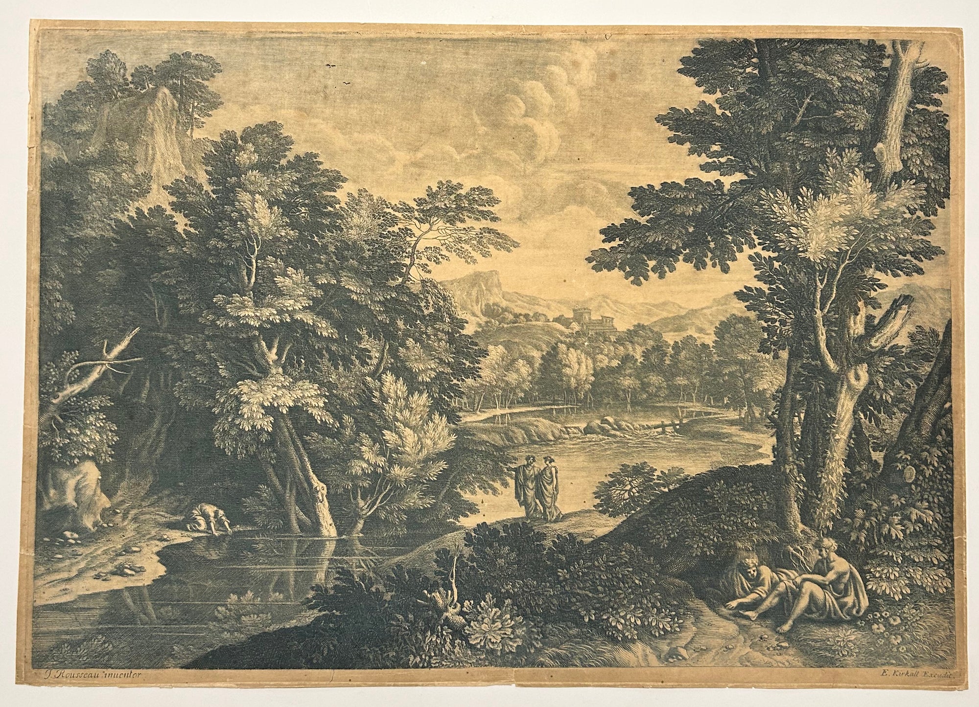 Paysage; une rivière coule entre des rives verdoyantes et arborées.  1733-1742.
