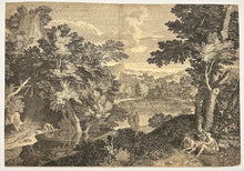 Charger l'image dans la galerie, Paysage; une rivière coule entre des rives verdoyantes et arborées.  1733-1742.
