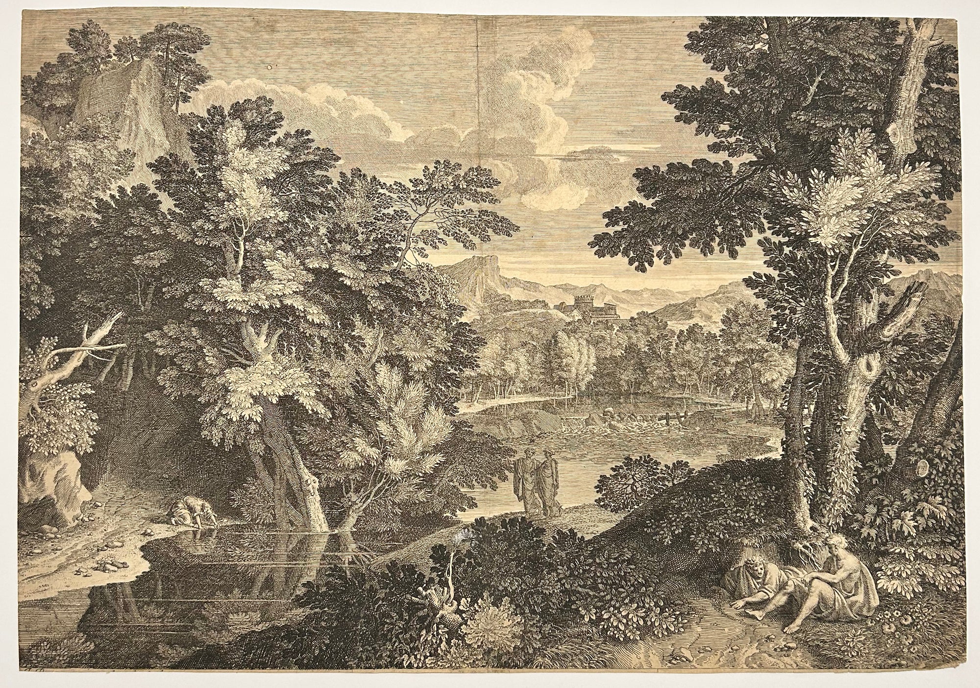 Paysage; une rivière coule entre des rives verdoyantes et arborées.  1733-1742.