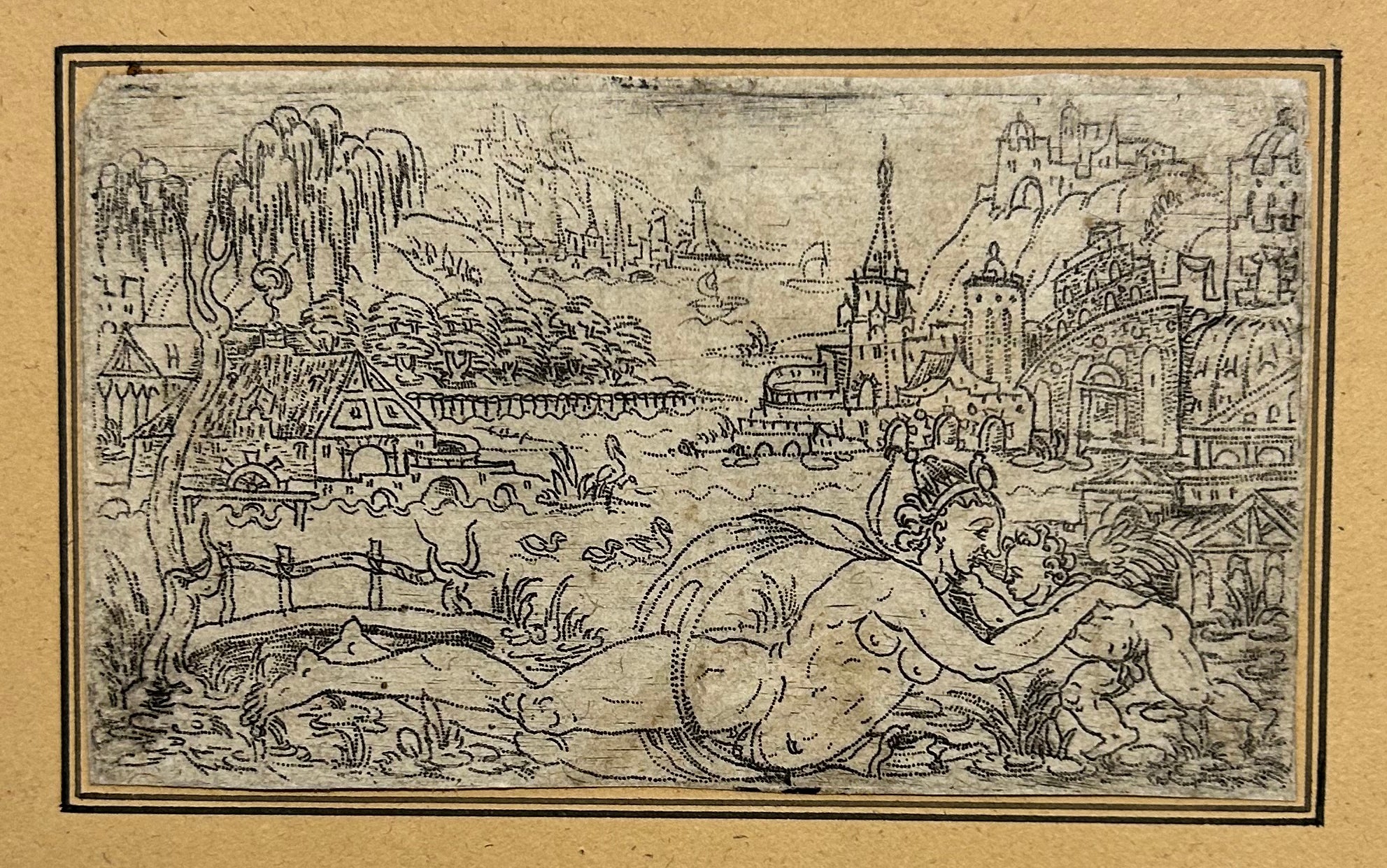 Anonyme italien du XVIème - [Vénus allongée et puto devant un paysage]. Gravure au criblé.