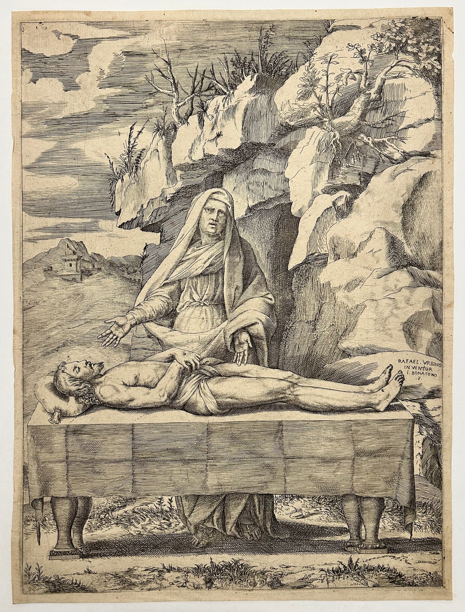 Giulio BONASONE - Pietà.  Gravure à l'eau-forte et au burin d'après Raffaello Santi, dit Raphaël.