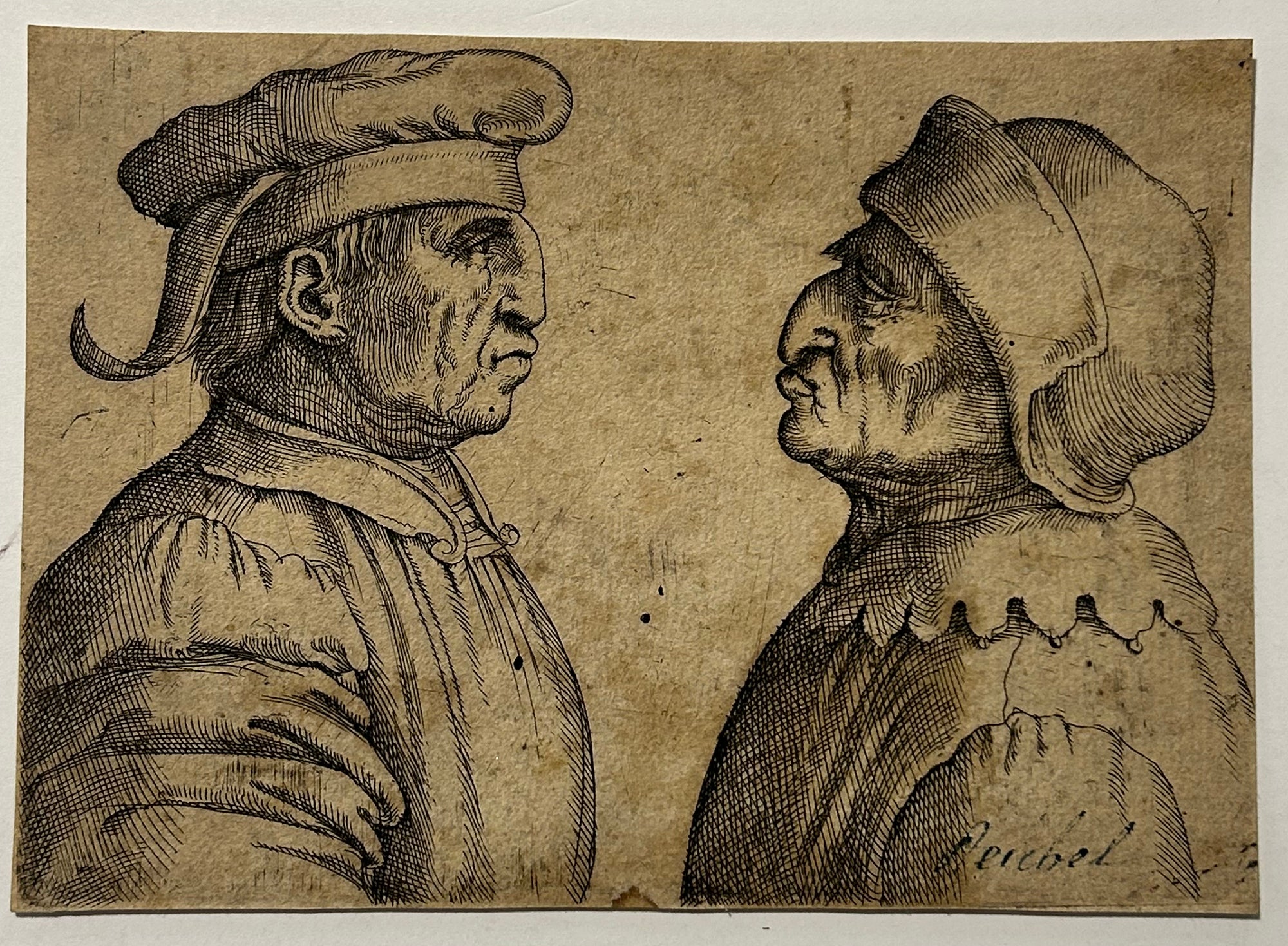 Dans l'esprit de Léonardo DA VINCI - Deux visages d'homme caricaturés. Eau-forte et burin. 