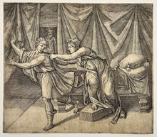 Charger l'image dans la galerie, D'après Marcantonio RAIMONDI - Joseph et la femme de Potiphar. Burin d'après la fresque peinte par Raphaël dans les Loges du Vatican. 
